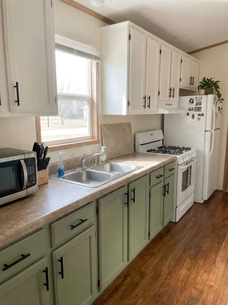 Existing mobile-home countertop looking more coordinated after surrounding walls and cabinetry are refreshed.