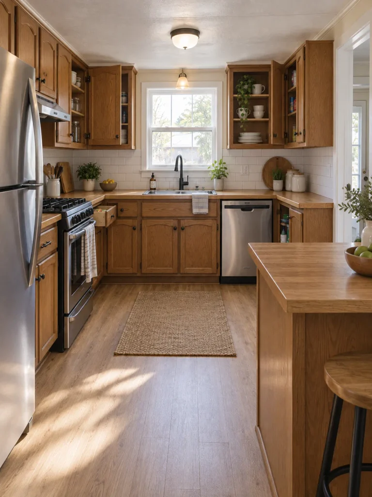 Dated brown mobile home kitchen cabinets shown open and structurally sound before a cosmetic makeover.