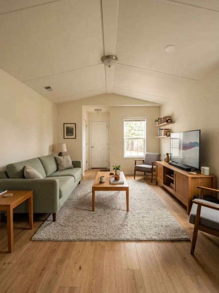 Small mobile home living room with a low coffee table preserving the sightline across the center of the room.