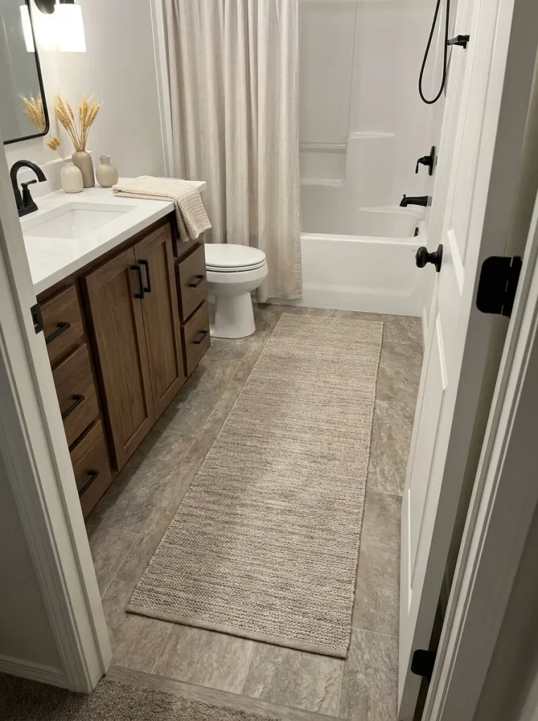 Narrow mobile home bathroom with a low-contrast oatmeal runner preserving the visible path between the doorway, vanity, toilet, and tub.