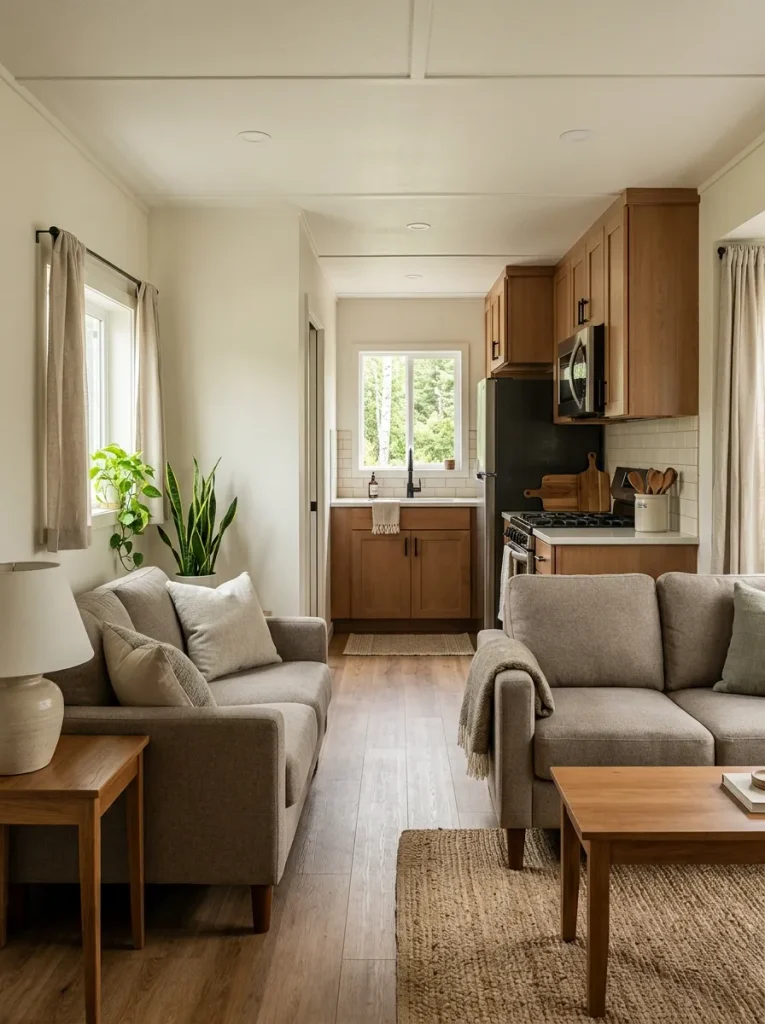 Small mobile home living room opening into a tonally coordinated kitchen with related warm neutral finishes.