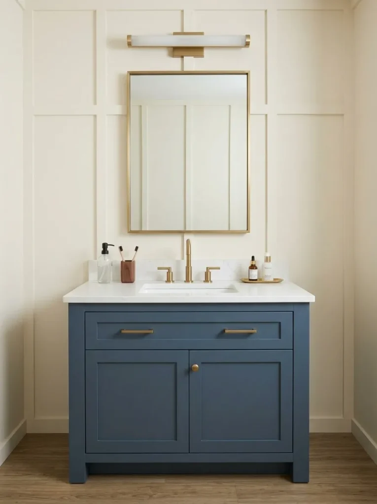 Mobile home bathroom vanity with mirror and lighting aligned into one balanced compact-wall composition.