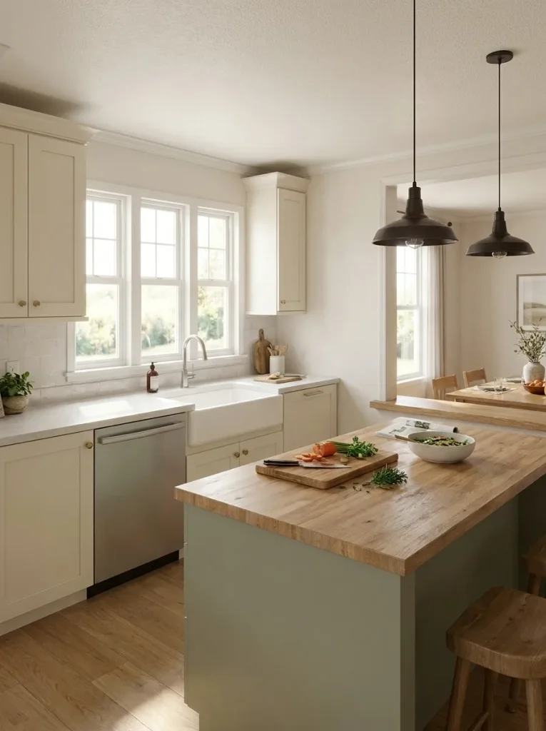 Farmhouse sink beneath a kitchen window with a dry sage-green island nearby in an open double wide.