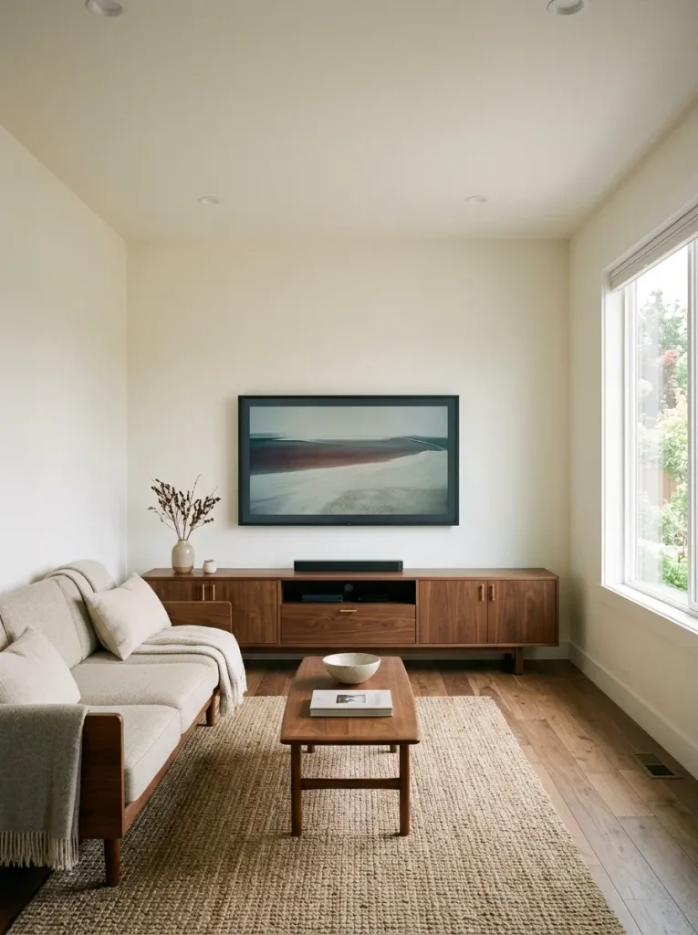 Small mobile home living room with a low media console and open wall space above the television.