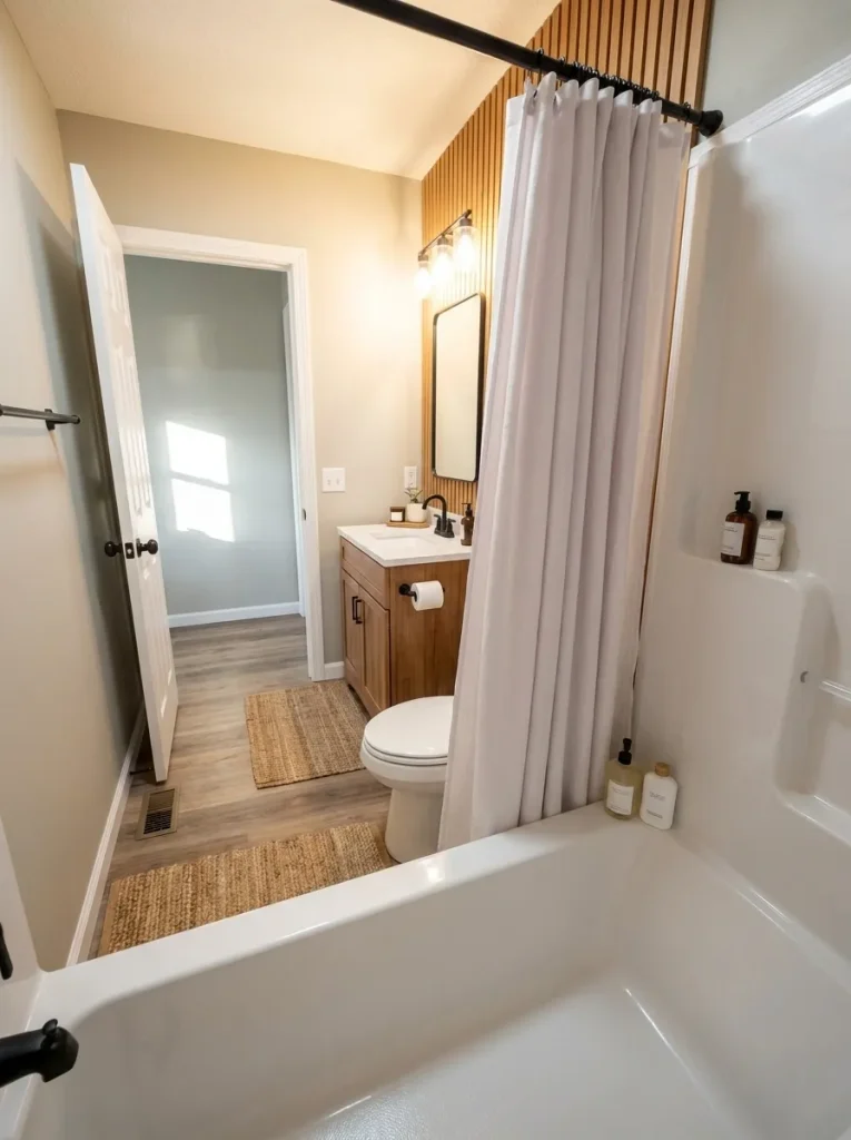 Calm shower zone looking outward through an open visual path in a small mobile home bathroom.