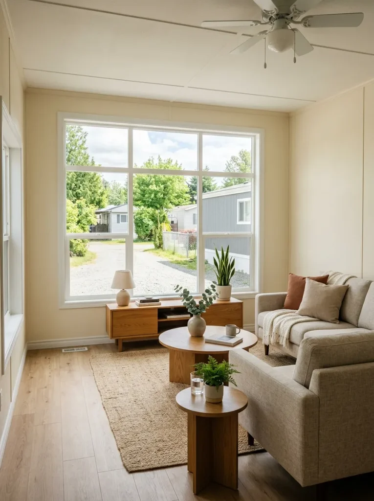 Bright mobile home living room with low furniture and clear space around the main window to preserve daylight.