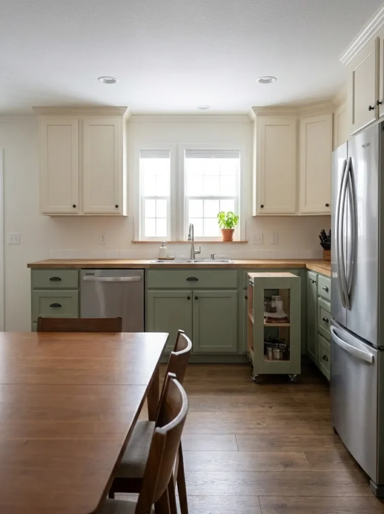 Small mobile-home kitchen viewed from the dining area with an uncluttered sink window and one slim utility ledge.