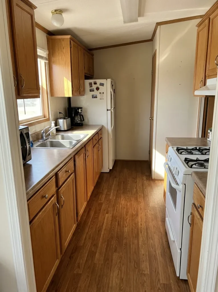 Compact dated mobile-home kitchen with a functional sink, range, refrigerator and clear walking route kept in their existing p