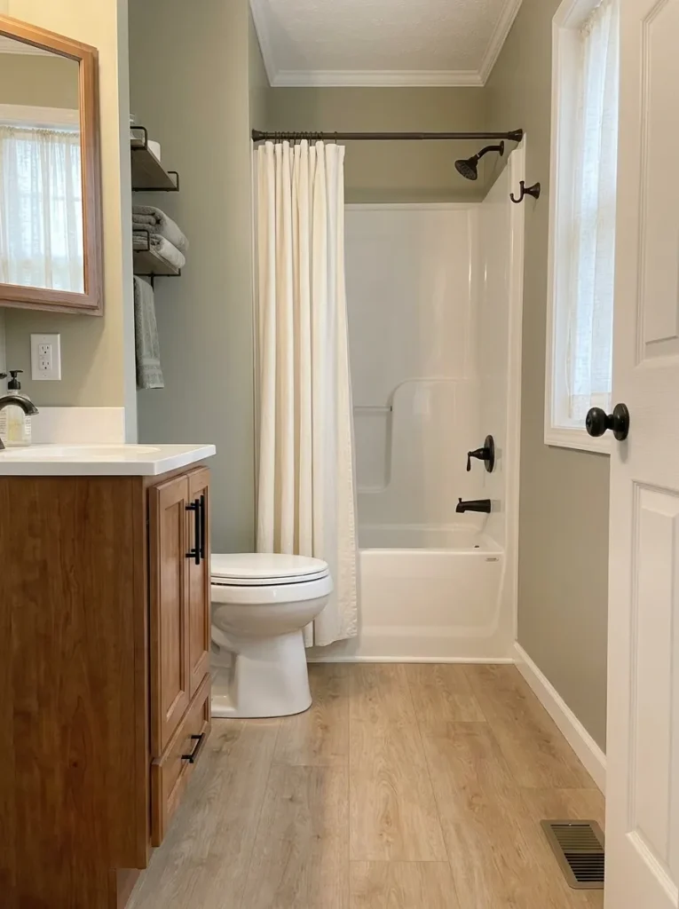 Existing tub-shower fitting efficiently beside the toilet and vanity in a compact mobile home bathroom.
