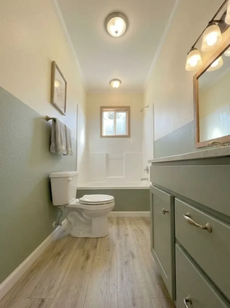 Balanced lighting carries from the vanity to the tub at the far end of a narrow bathroom.