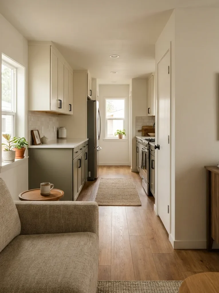Long single-wide mobile home sightline from the living room toward a fresh modern galley kitchen with light cabinets and clear circulation.