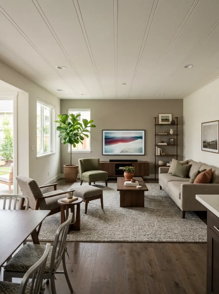 Low chairs near the open side of a double-wide living room leading toward a sofa and taller visual elements on the closed wall.