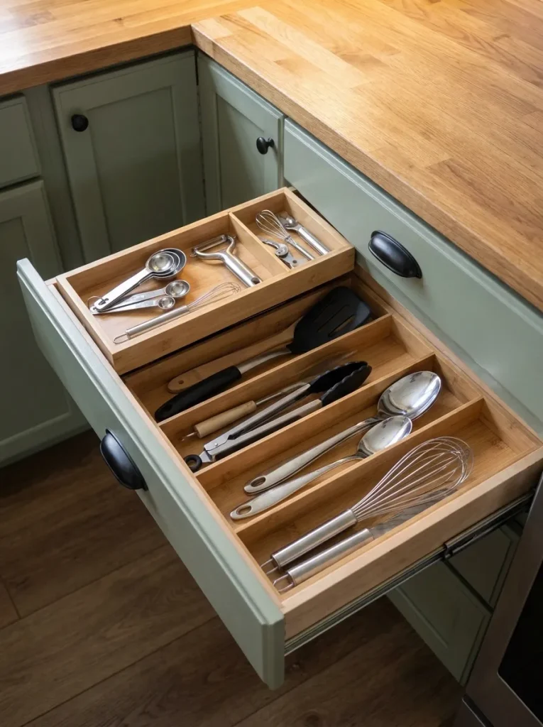 Open kitchen drawer with a sliding upper utensil tray revealing a second organized storage layer underneath.