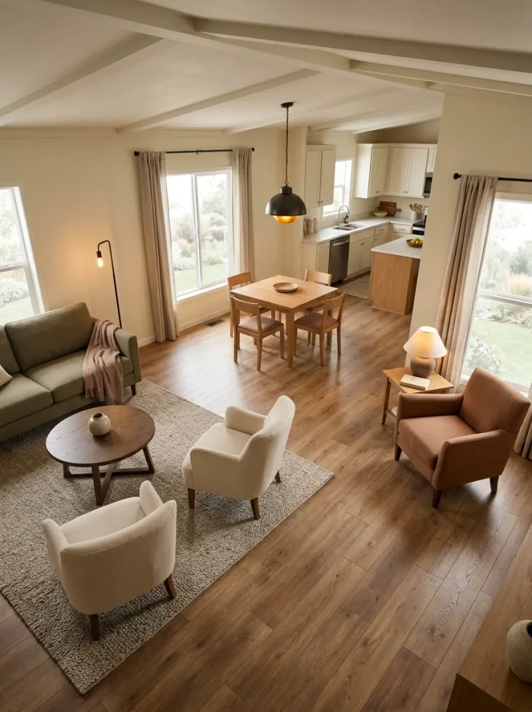 Living, dining, and reading clusters separated by generous open floor in a double-wide interior.