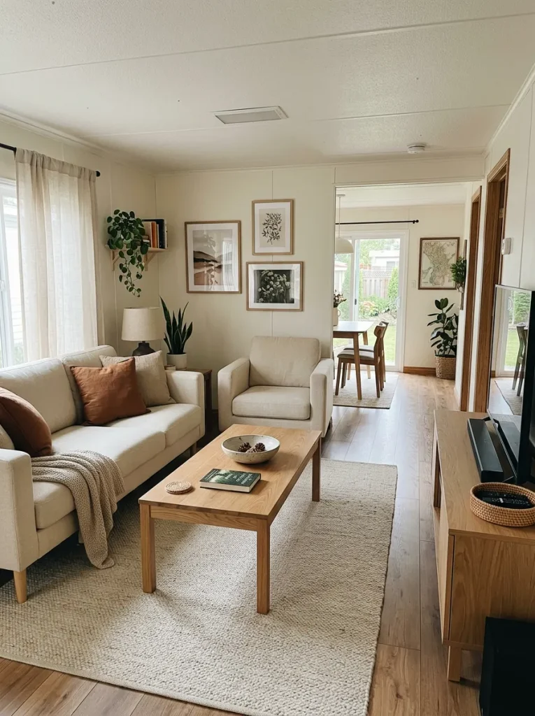 Mobile home living room with a mostly clear coffee table creating a visual pause within an otherwise comfortably decorated spac