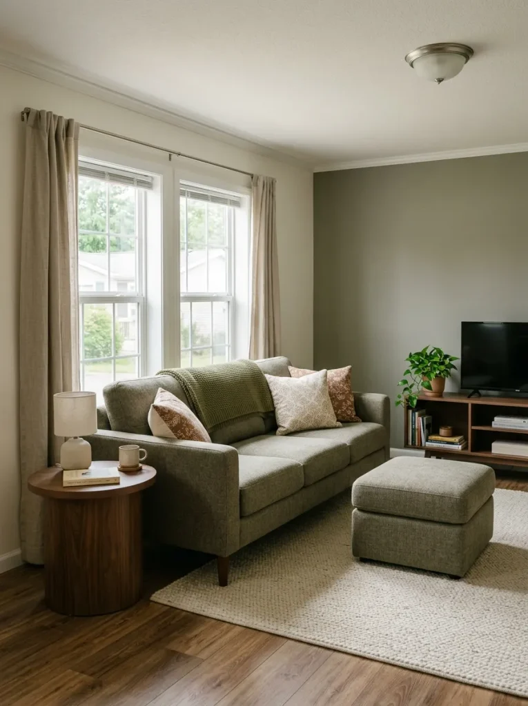Small manufactured-home living room using one comfortable sofa instead of several separate seating pieces.