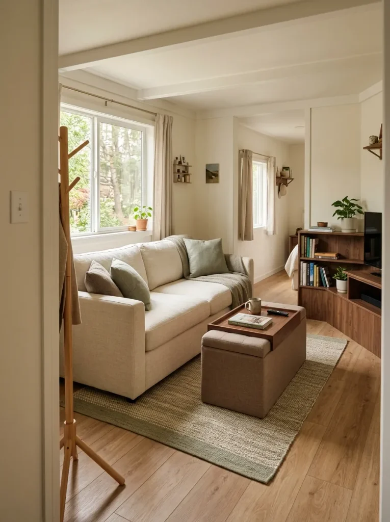 Small mobile home living room using one storage ottoman in place of a separate coffee table and spare chair.