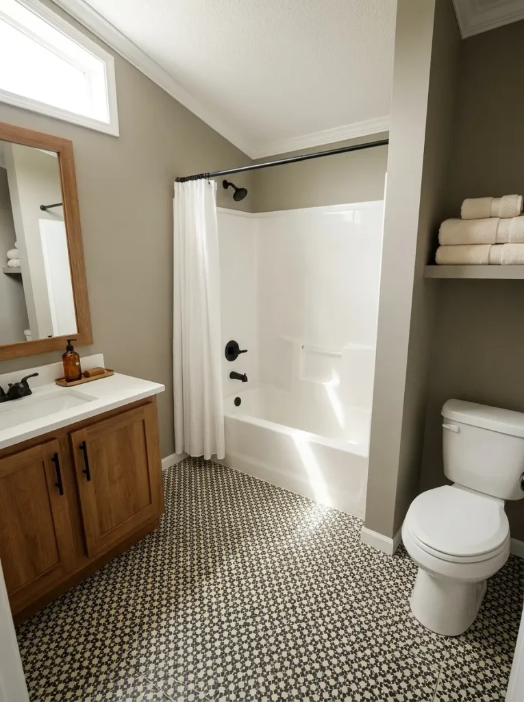 Patterned floor acting as the single bold surface in a calm mobile home bathroom.