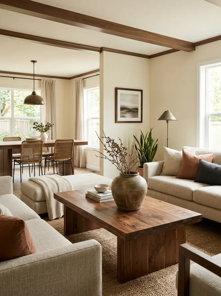 Double-wide living room centered on a substantial wood coffee table and ceramic vessel that add material depth.