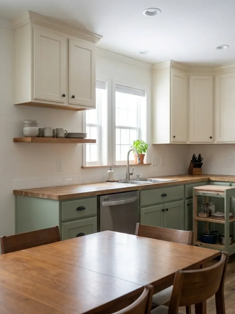 One short open shelf holding only everyday dishes beside the sink in a compact manufactured-home kitchen.