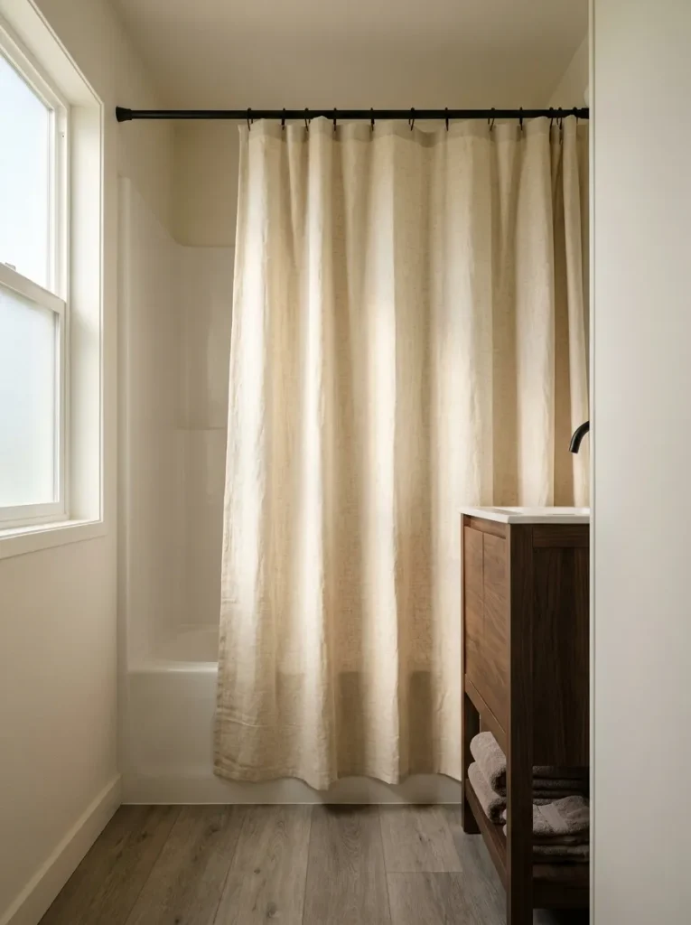 Compact mobile home bathroom with a pale flax textured shower curtain, mushroom towels, walnut vanity, and black fixtures.