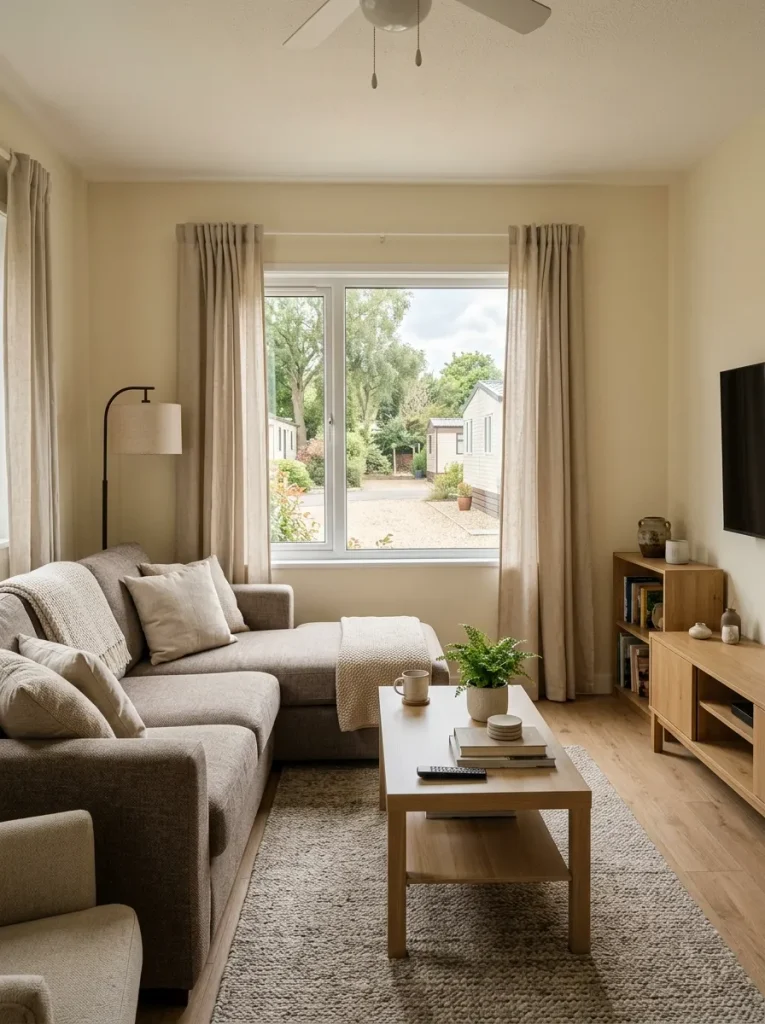 Small mobile home living room with oatmeal curtains blending softly into warm ivory walls around a modest window.