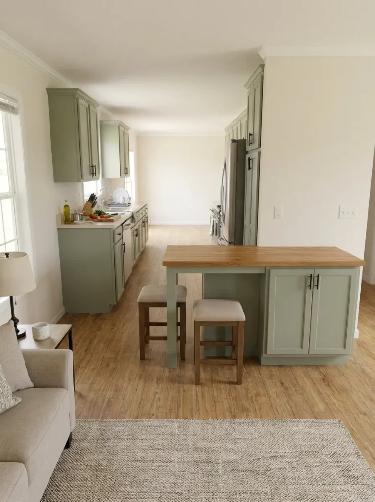 Slim peninsula defining a single-wide kitchen while leaving an open route into the adjoining living area.