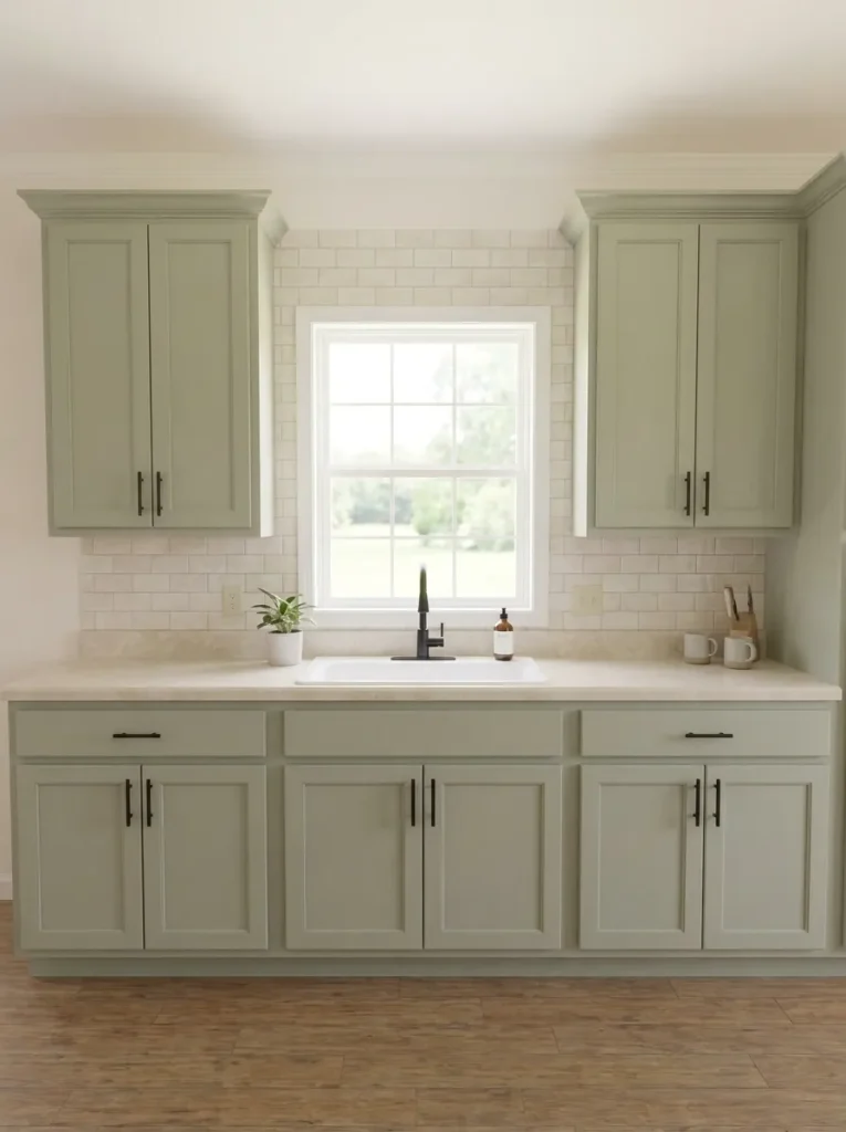 Window above the sink creating a visual break between upper cabinets in a narrow single-wide kitchen.