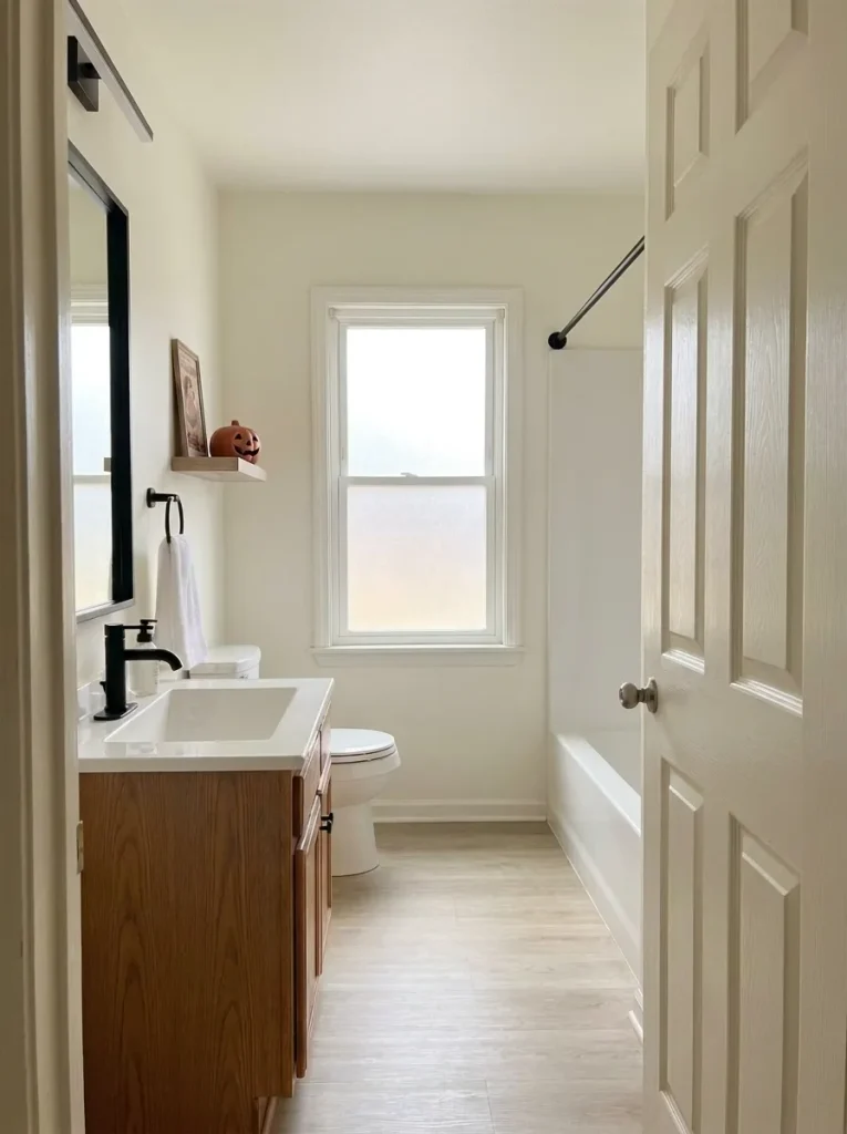 Low doorway view of a clear bathroom walkway leading toward a petite jack-o’-lantern on the shelf.