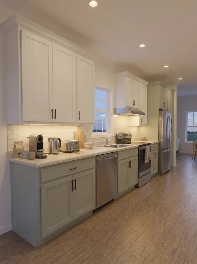 Under-cabinet task lighting illuminating the worktop and backsplash of a narrow single-wide kitchen at night.