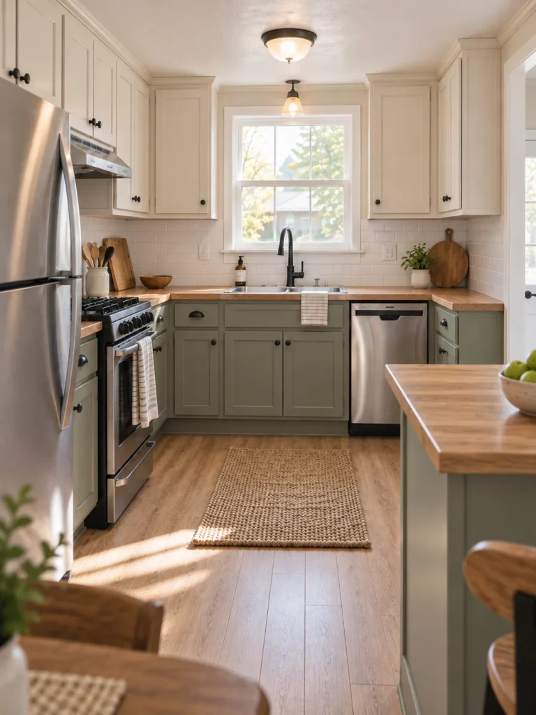 Low-angle view of a mobile home kitchen with light cream upper cabinets and muted sage lower cabinets beneath a low ceiling.