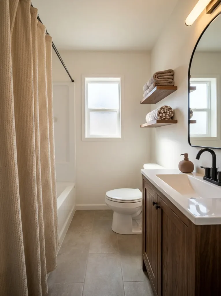 Mobile home bathroom using bone, mushroom, and cocoa tones to create light, middle, and deep neutral layers.