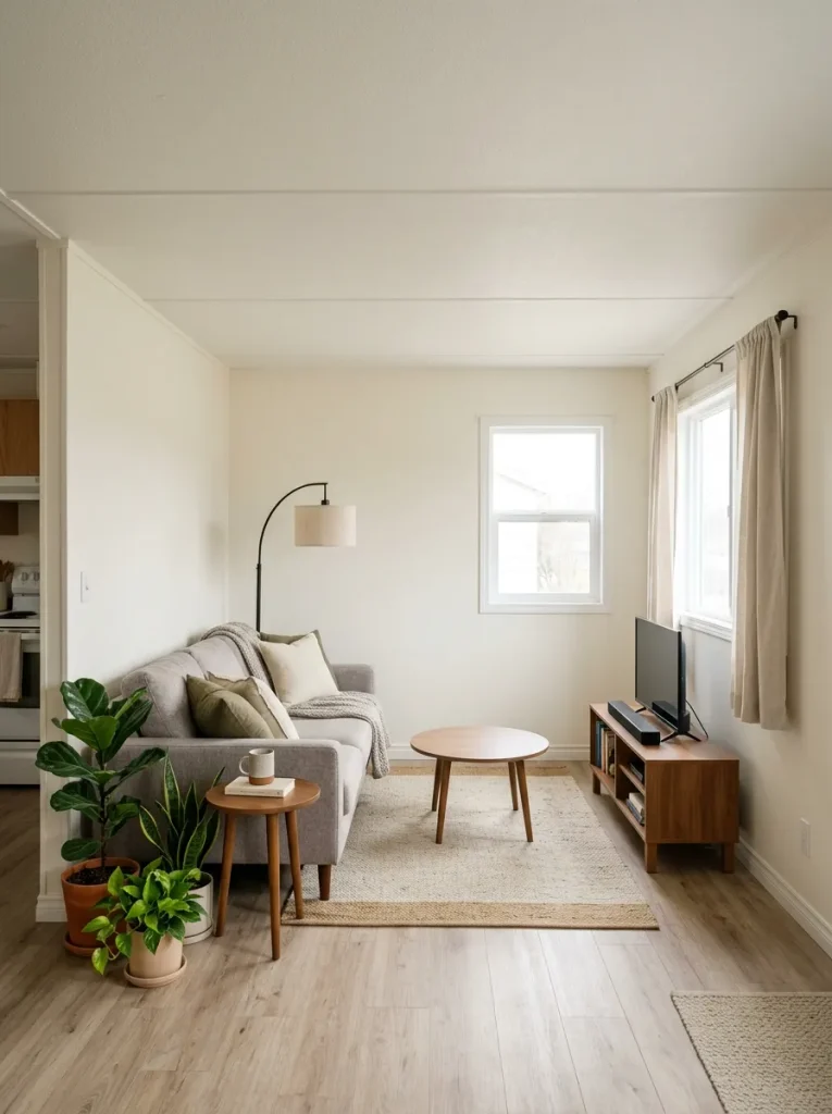 Compact mobile home living room with furniture concentrated on one side and a quieter opposite edge.