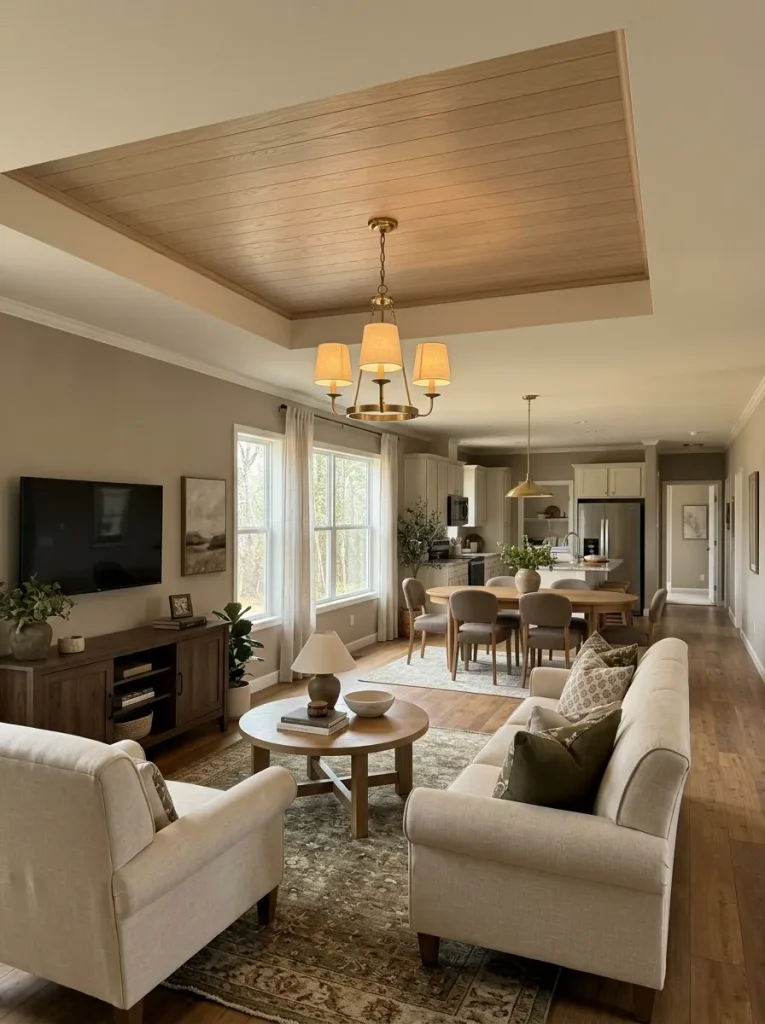 Double-wide living zone with localized ceiling warmth and lighting centered over the seating group.