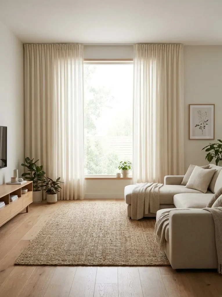 Mobile home living room with a broad window framed by full-length curtains that visually extend the height of the wall.