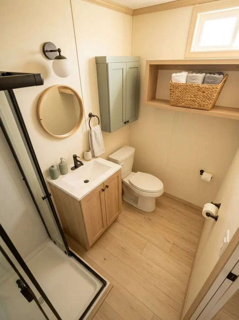 Bathroom storage materials matched to different locations, with washable containers near the sink and woven storage farther away.