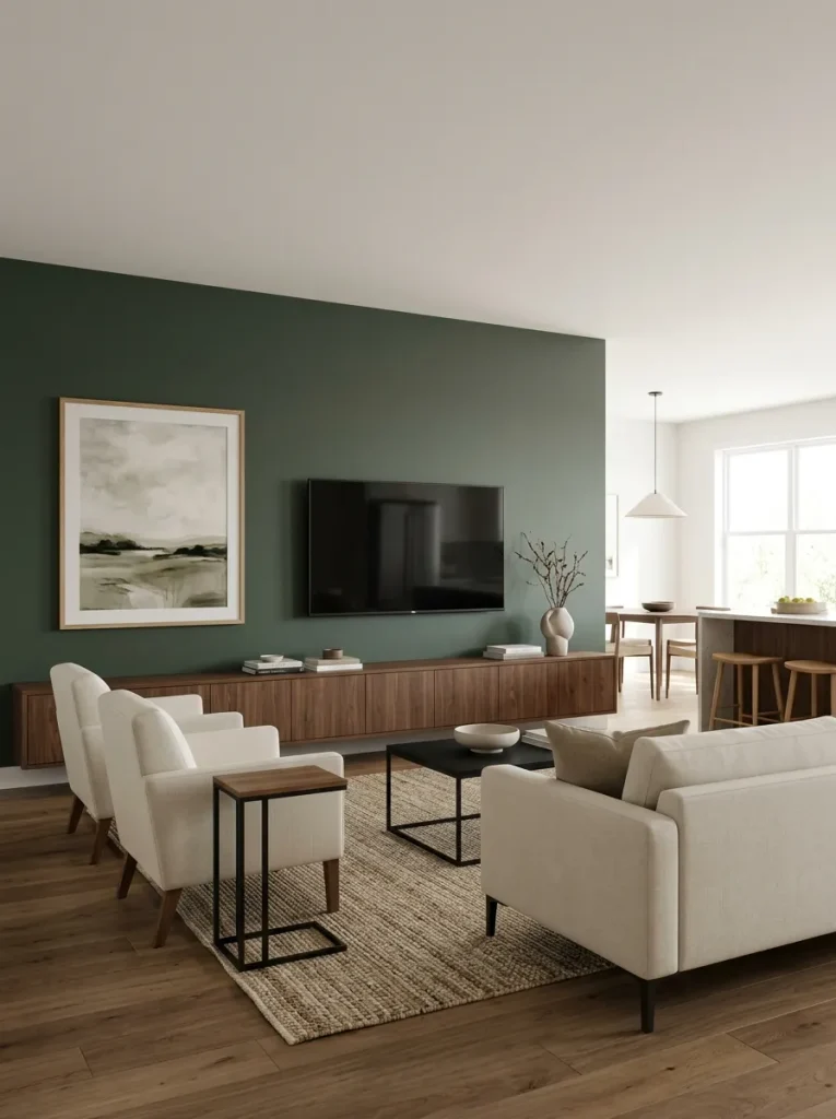 Dark media wall anchoring one side of an open double-wide living room while the opposite edge remains open toward the dining and kitchen area.