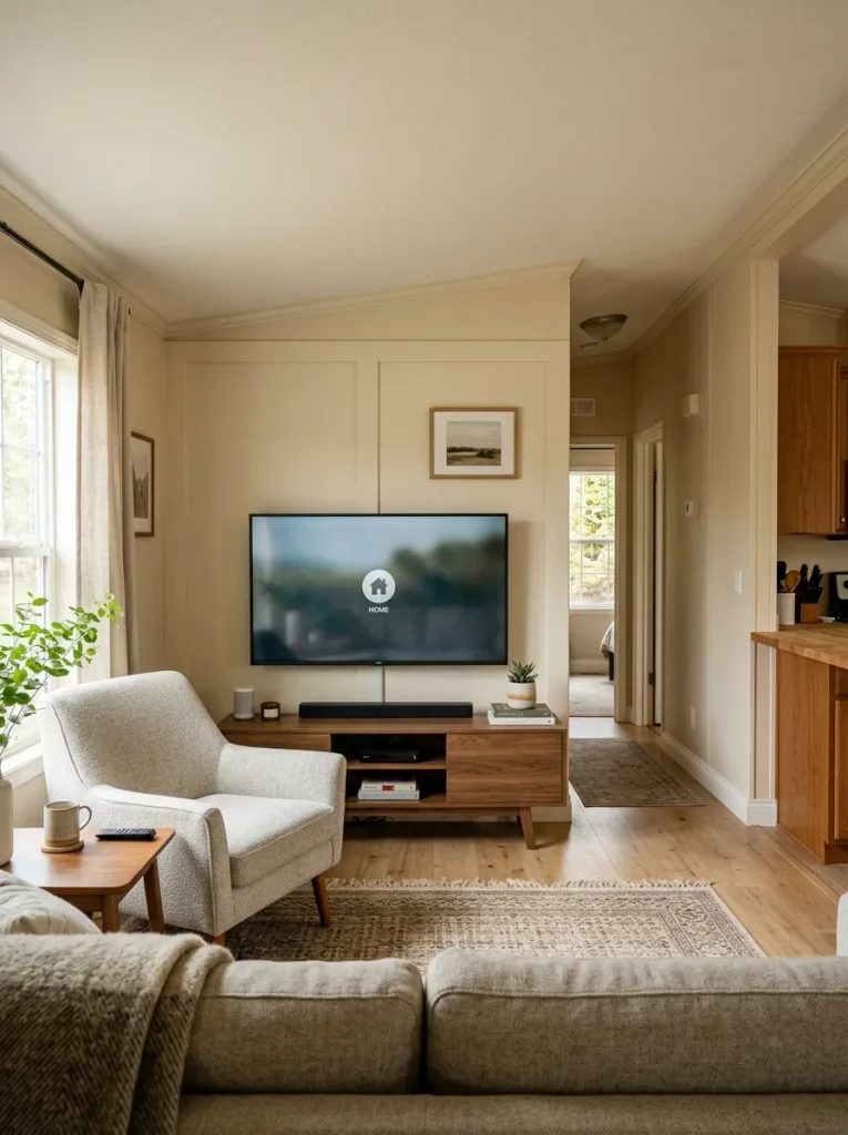 Seated eye-level view from the main sofa toward a calm TV wall in a long single-wide living room.
