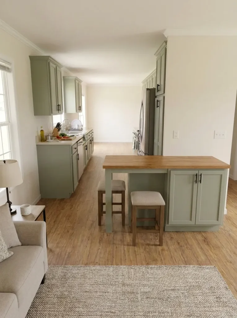 Slim backless stools tucked beneath a peninsula to keep the narrow single-wide kitchen walkway clear.