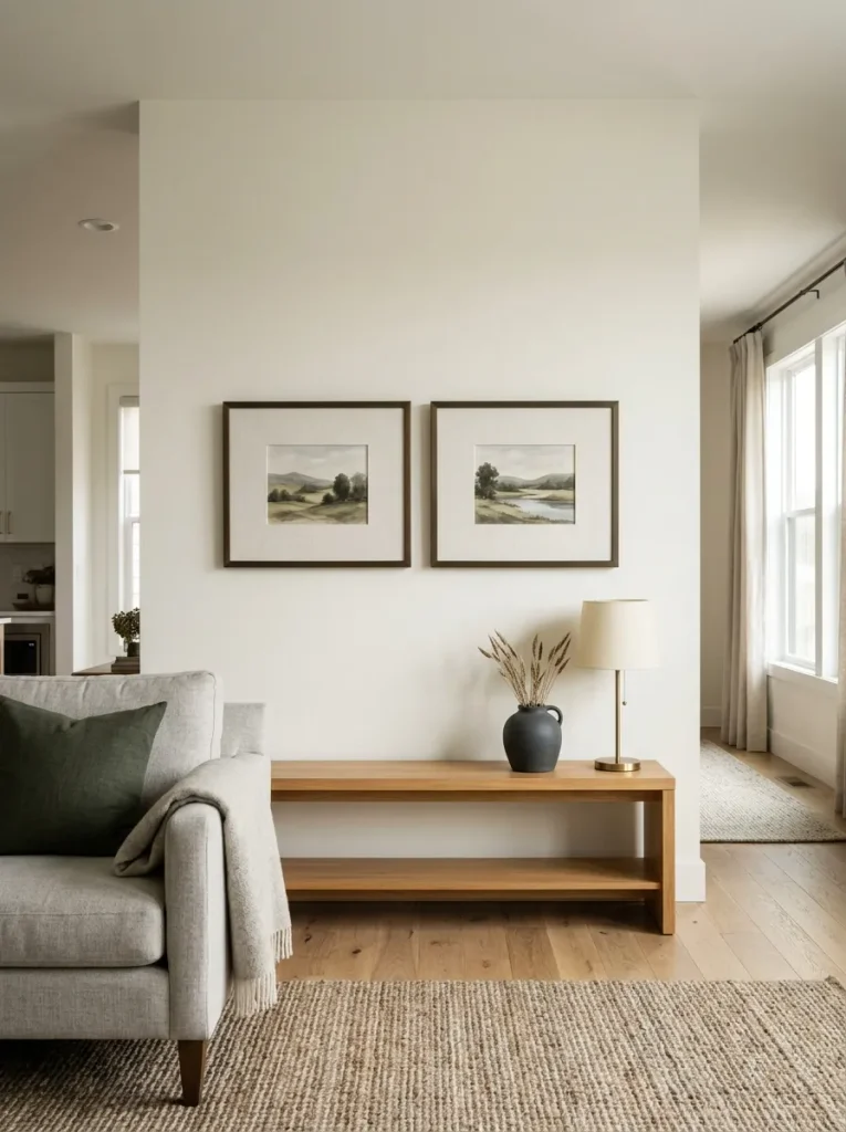 Two inexpensive landscape prints displayed in large frames with generous mats above a double-wide living-room console.