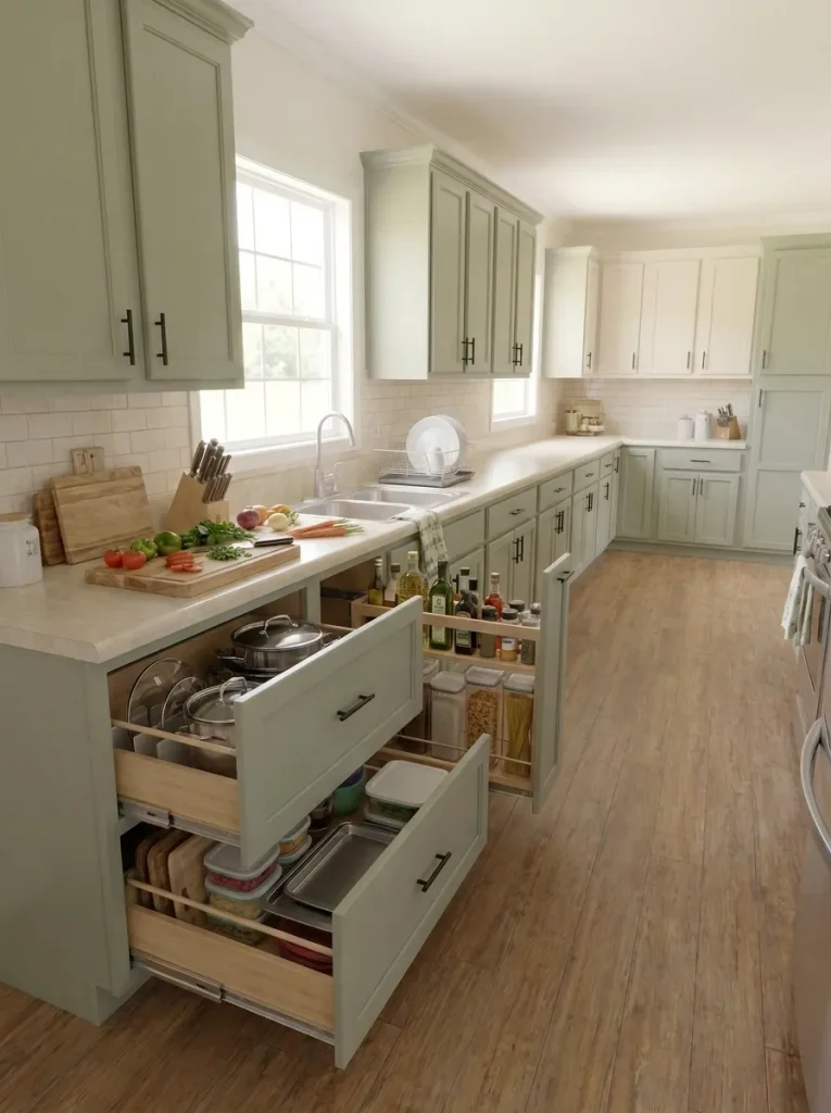 Deep pull-out drawers exposing cookware and storage containers in a compact single-wide kitchen.