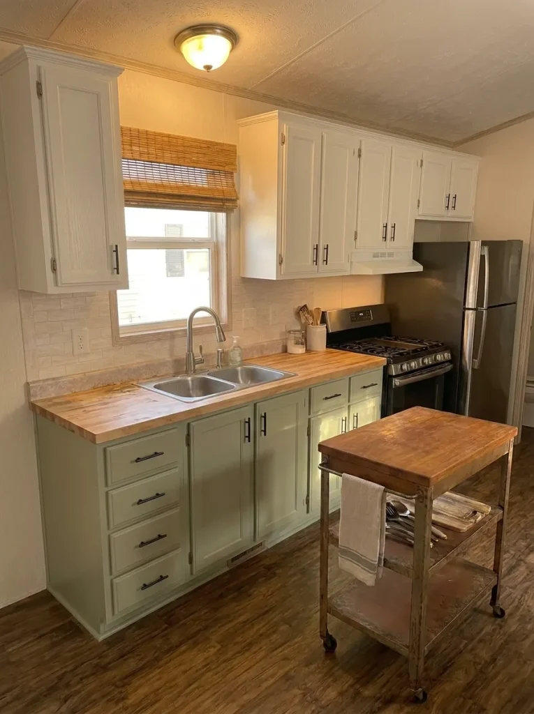 Nearly finished mobile-home kitchen with affordable updates complete and one remaining feature left for a final spending deci