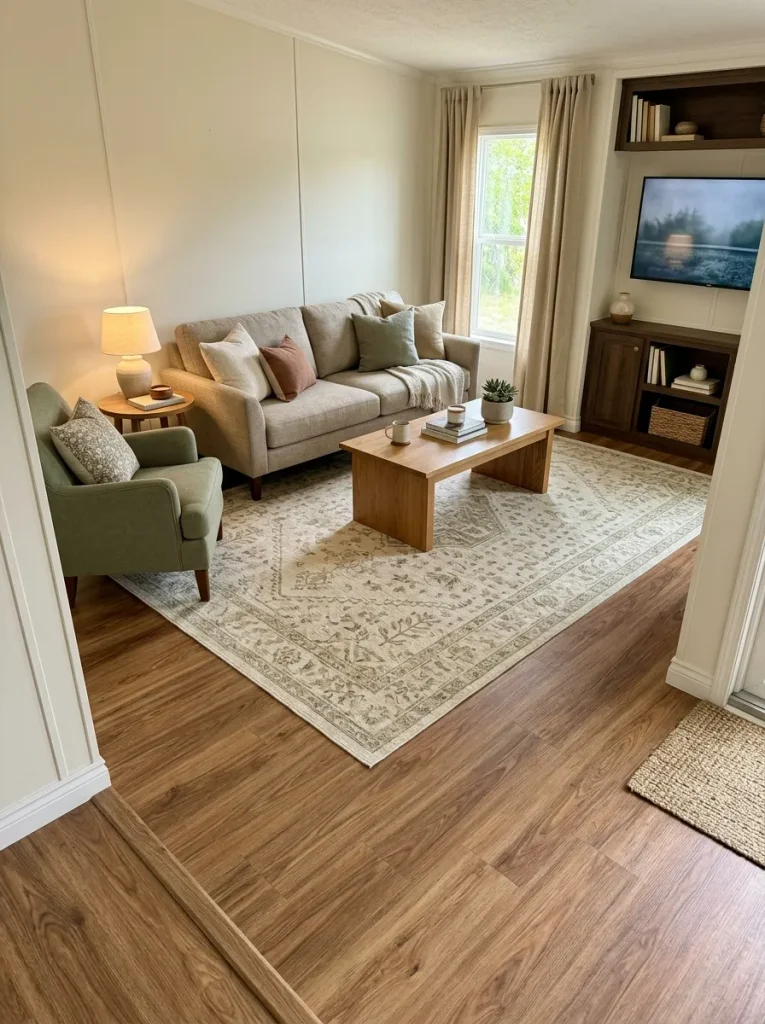 Mobile home living room with warm wood-look flooring and a restrained rug that complements rather than competes with the floor patter