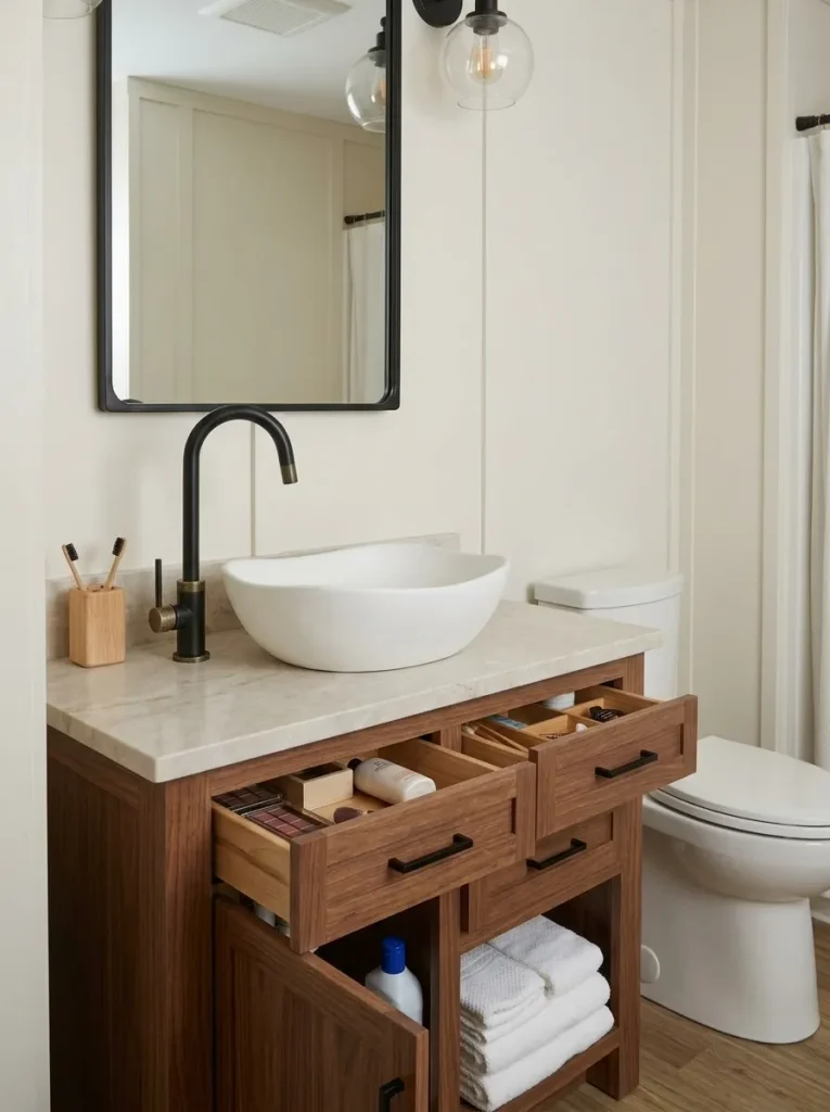 Vessel sink on a compact mobile home bathroom vanity showing the tradeoff between basin height and usable counter space.