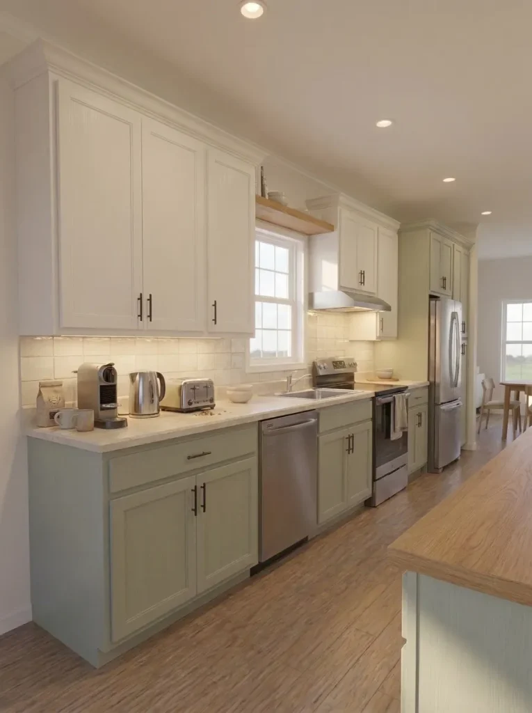 Continuous pale backsplash forming a calm horizontal band through a narrow sage-green single-wide kitchen.