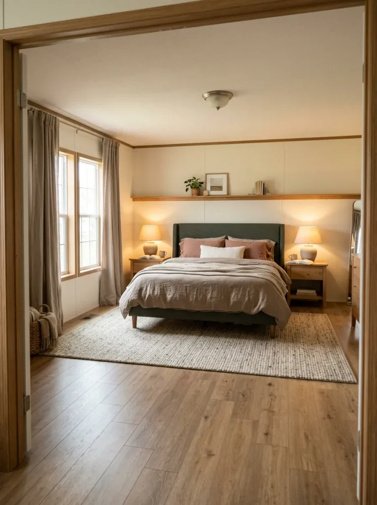 Large bedroom with bed, nightstands, lighting, and rug forming a complete nest surrounded by open floor.