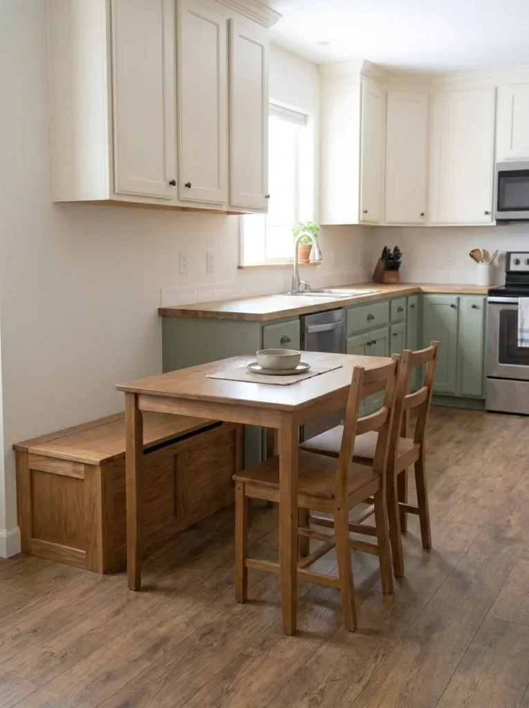 Wall-side storage bench and compact dining table beside a small manufactured-home kitchen with circulation space remaining between the two zones.