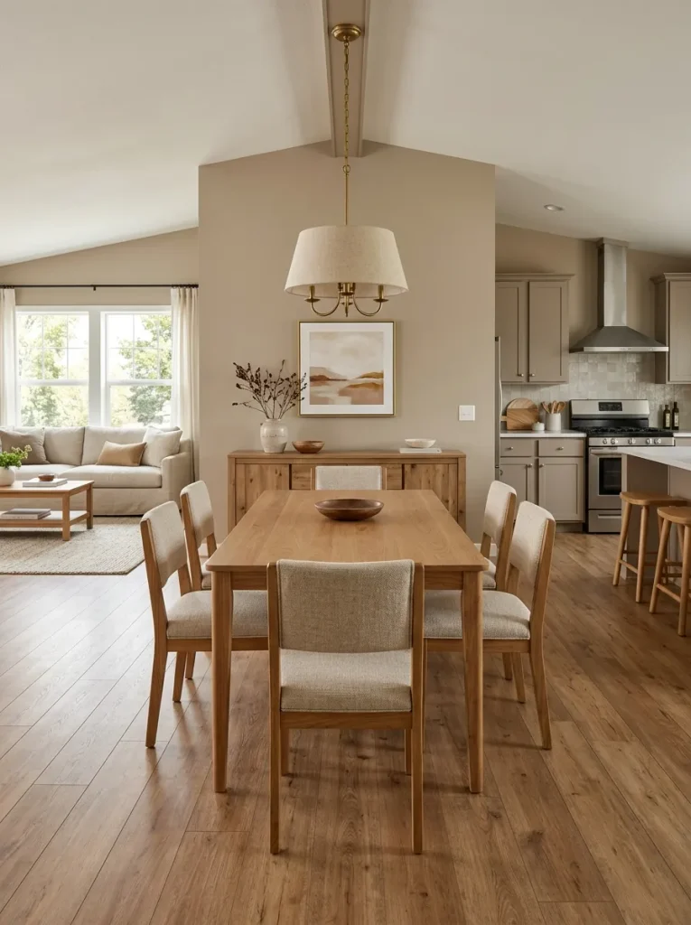 Open dining zone defined by a centered pendant and sideboard with clear floor around the table.