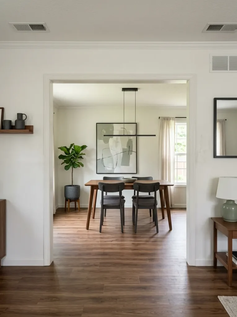 Existing center opening in a double wide styled as a frame toward a coordinated dining area.
