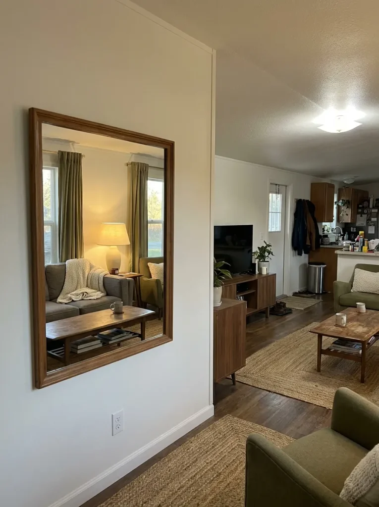 Mirror in a mobile home living room reflecting a warm lamp, window, sofa and natural wood instead of clutter.